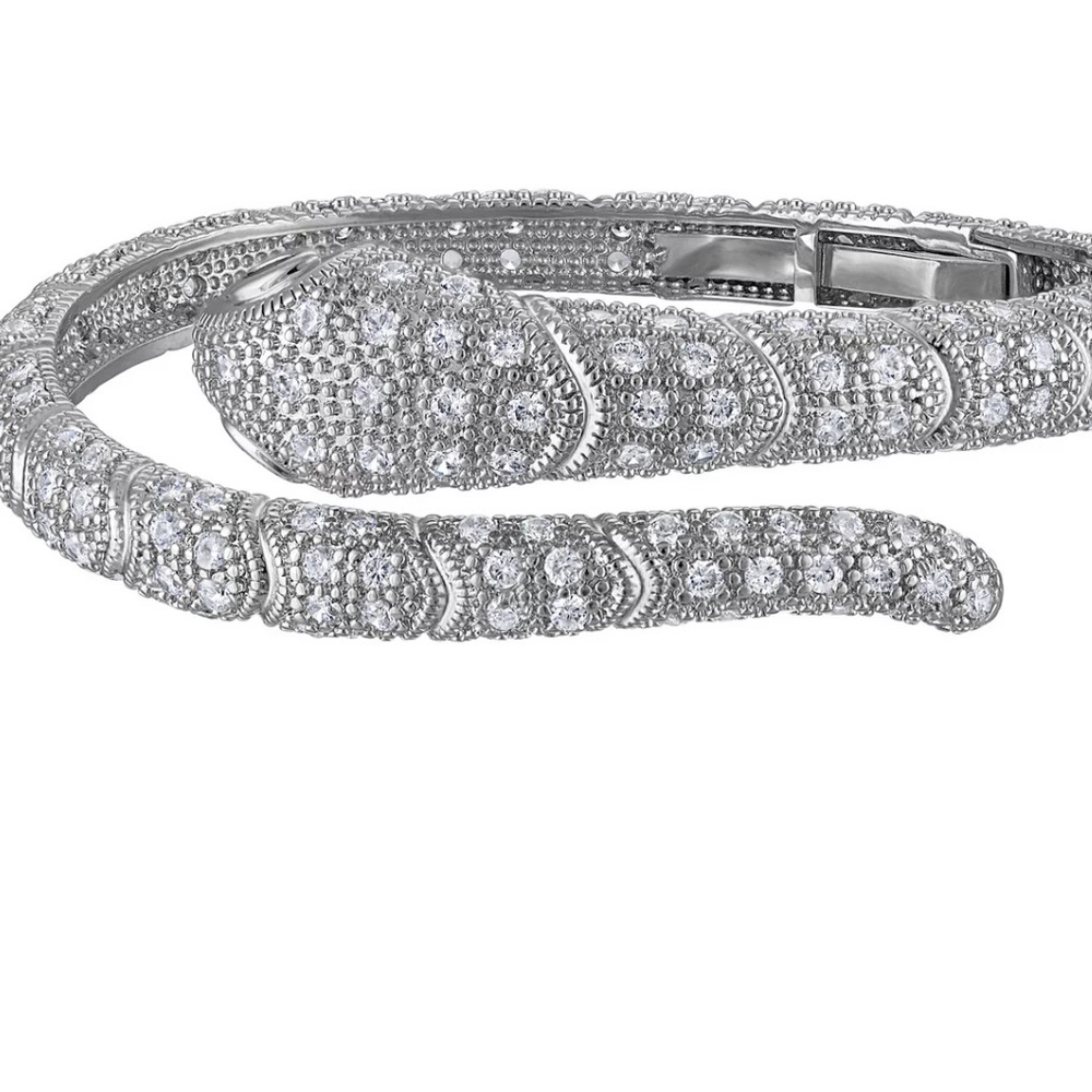 Emerald Simulant and White Cubic Zirconia Rhodium Over Brass Snake Bracelet- new